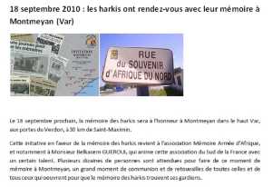  MONTMEYAN 
---- 
Samedi 11 Septembre 2010 
Inauguration d'une plaque
en souvenir des Harkis
de l'ancien Hameau de forestage 
