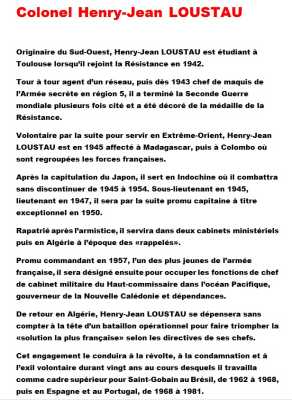   Colonel Henry LOUSTAU 
---- 
Biographie
----
Rejoindra l'OAS
Maquis de l'OUARSENIS

