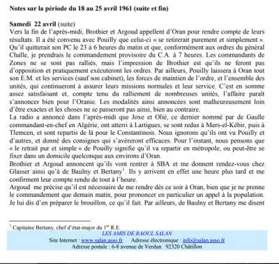  Samedi 22 Avril 1961
---- 
Les informations proviennent de ce site 
   Les Amis de Raoul SALAN  

